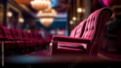Auditorium theater with empty red chairs, red cinema seating, vintage style. Generative AI.