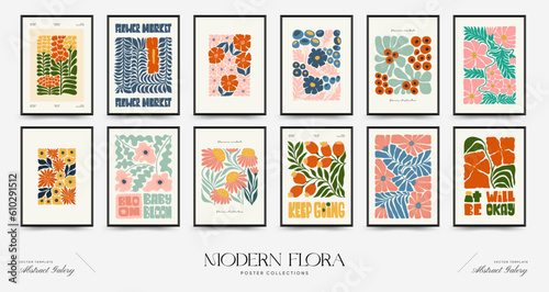 Abstract floral posters template. Modern trendy Matisse minimal style. Pink and blue colors. Hand drawn design for wallpaper, wall decor, print, postcard, cover, template, banner. 