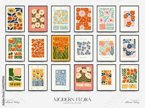 Abstract floral posters template. Modern trendy Matisse minimal style. Pink and blue colors. Hand drawn design for wallpaper, wall decor, print, postcard, cover, template, banner. 