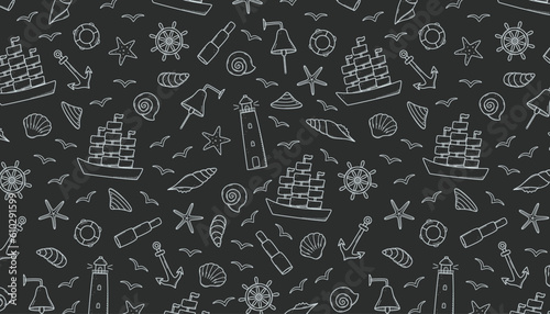 Seamless pattern doodle icons of sea life. Ship telescope shells, lifebuoy anchor steering wheel bull, lighthouse and seagulls. Vector illustration, symbols of sailors or pirates.