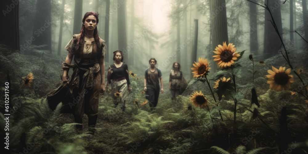 A group of young adults stroll through a dense forest, taking in the sights and sounds of nature - generative ai. A group of young adults stroll through a dense forest, taking in the sights and sounds of nature - generative ai.