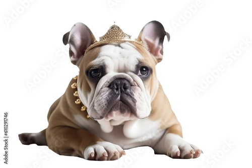 Beautiful Bulldog Dog In A Gold Crown On Isolated Transparent Background, Png. Generative AI
