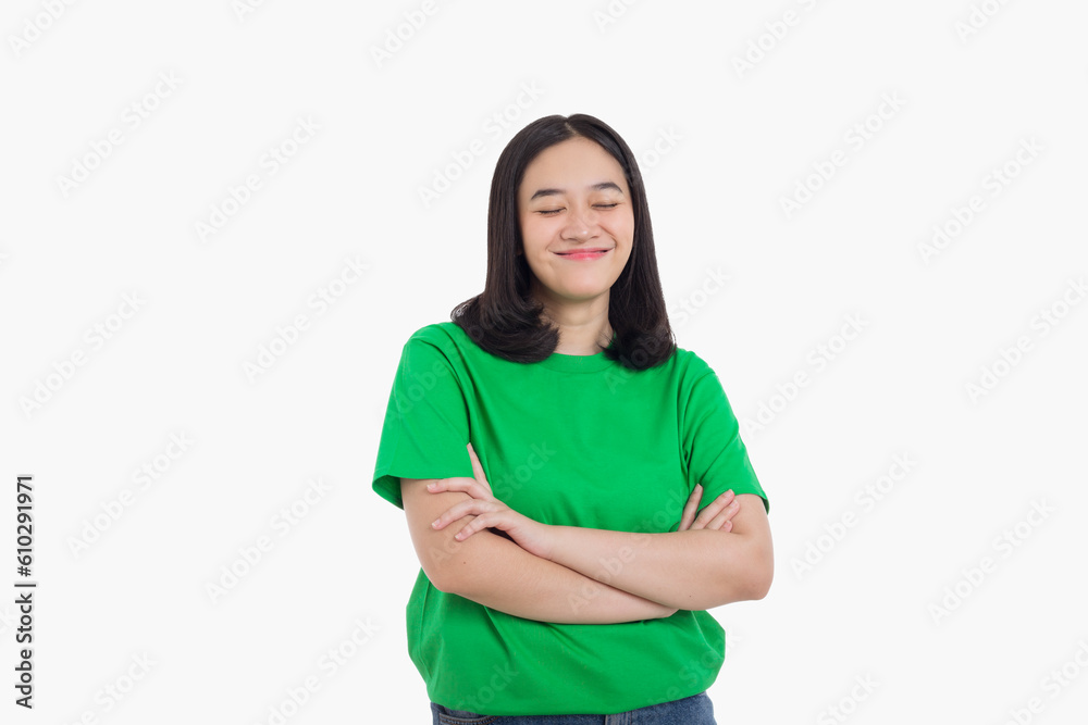 smiling on isolated white background look to camera with arms crossed smiling on isolated white background look to camera with arms crossed