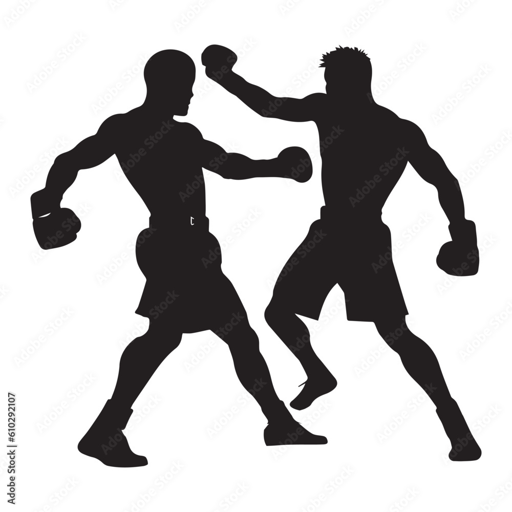 Two boxers in ring vector silhouette illustration isolated on white background. Strong fighters battle spectacle event