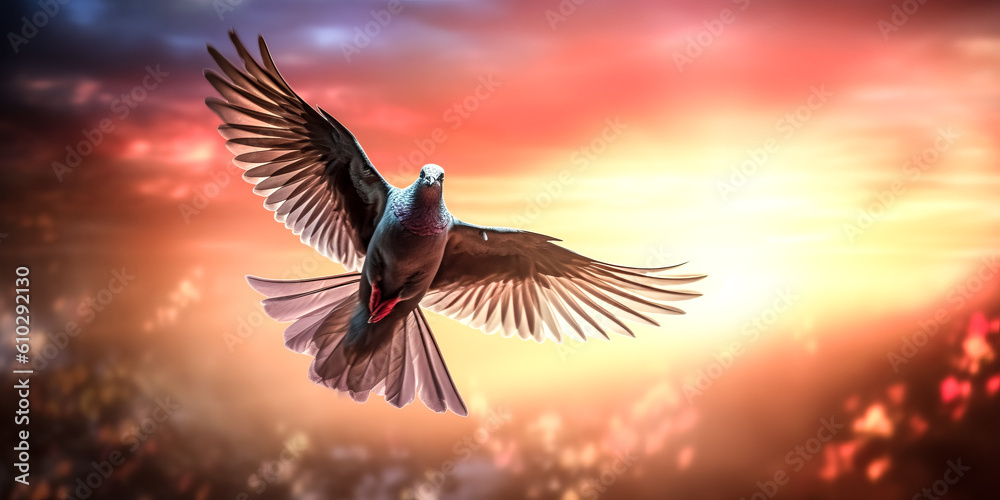 Obraz premium A Free bird soars through the sky at sunset, with the beauty of nature in its path. - generative ai
