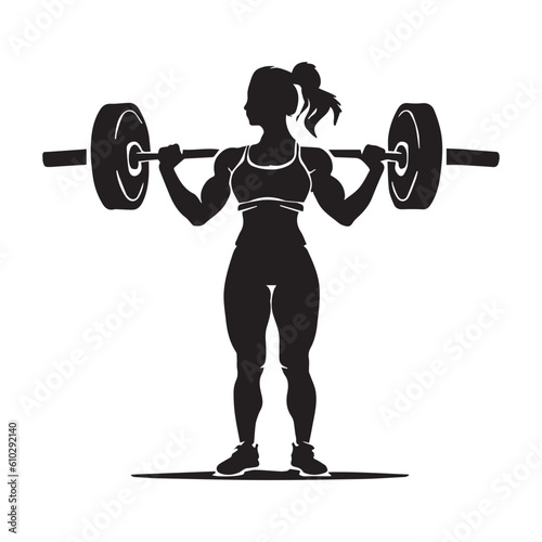 Weightlifting, woman lifting big barbell, isolated vector silhouette