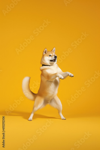 A Shiba dog on a yellow background. © imlane
