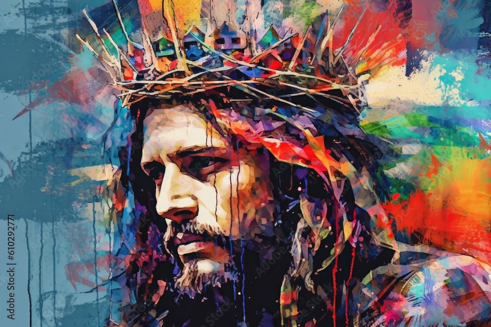 Colorful oil painting of the expression of the face of Jesus Christ our Savior Generative AI Illustration Colorful oil painting of the expression of the face of Jesus Christ our Savior Generative AI Illustration