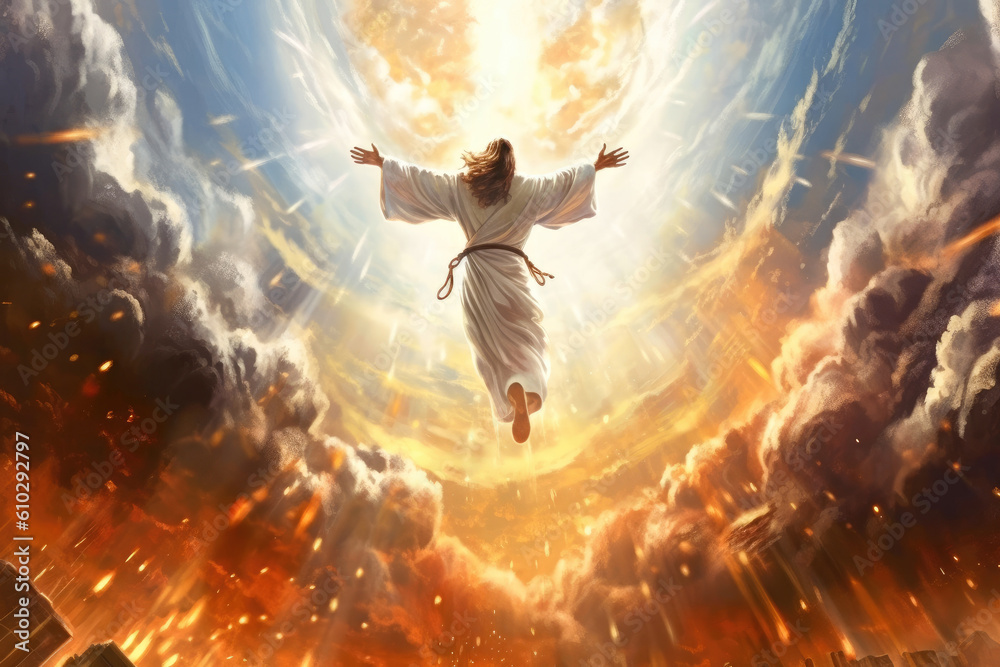 Ascension of Jesus Christ at the clouds of heaven Generative AI Illustration