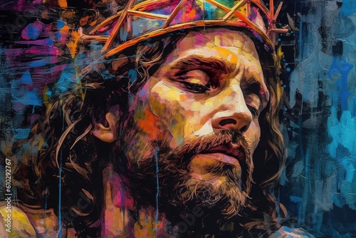 Colorful oil painting of the expression of the face of Jesus Christ our Savior Generative AI Illustration