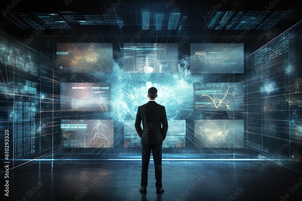A man in a suit standing in front of several holograms A man in a suit standing in front of several holograms