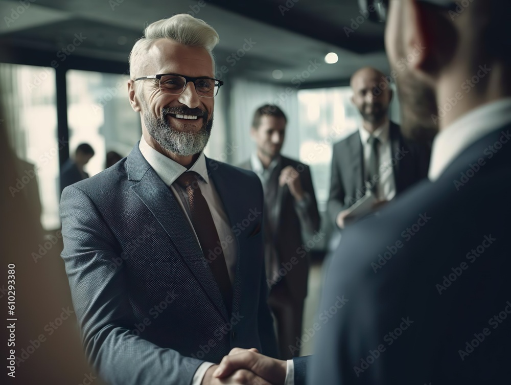 Smiling Corporate Coworkers in Formal Attire Indoors