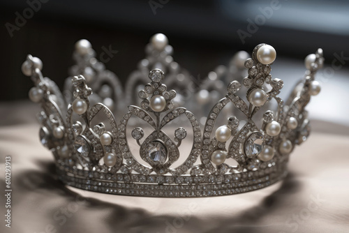 Majestic Silver Crown Adorned With Sparkling Diamonds And Pearls, Standing Out Against Clean White Backdrop. Generative AI