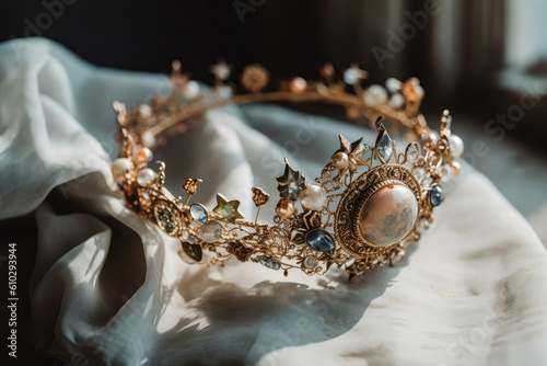 Crown Inspired By Celestial Elements, Featuring Stars, Moons, And Shimmering Crystals Against White Background, Creating Dreamy Ambiance. Generative AI photo