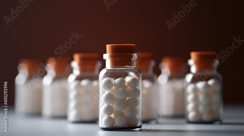 Clear Glass Medical Bottles and Pills Close-Up. Generative AI