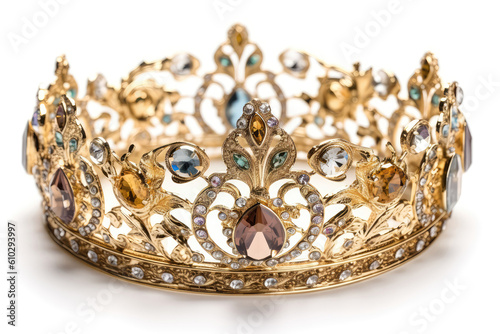 Shimmering Gold Crown With Intricate Details And Gemstone Accents, Positioned Elegantly On Pristine White Background. Generative AI
