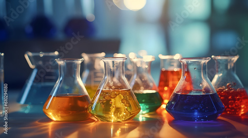 Vibrant Scientific Elixirs: Colorful Liquids in Glassware. Generative AI
