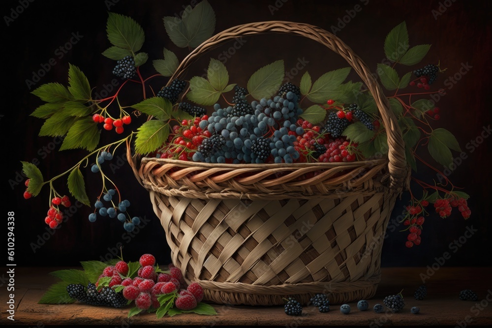 Berries in a wicker basket on a dark wooden background