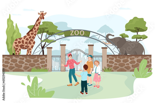 Happy Little children go to see at animals behind enclosure at Zoo. Zoo entrance gates. Cartoon vector illustration with elephant giraffe safari animals and visitors on territory.