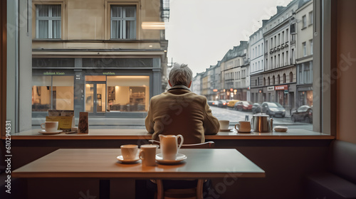 "Cafe Contemplation": A person sitting alone at a cafe, shot from behind, looking out of the window, creating a contemplative atmosphere.