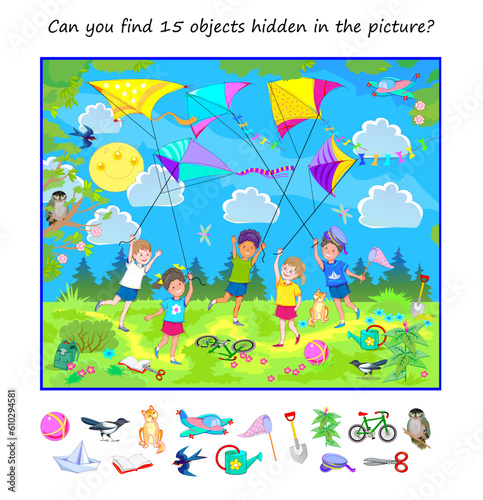 Can you find 15 objects hidden in the picture? Logic puzzle game for children and adults. Happy kids playing and flying the kites. Educational page. Task for attentiveness. Vector cartoon image.