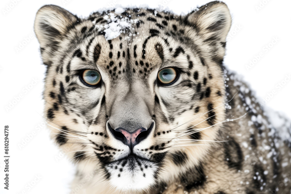Snow Leopard On White Background, Close-Up. Generative AI Snow Leopard On White Background, Close-Up. Generative AI
