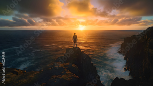 "Cliff Overlook": A person standing on a cliff overlooking a vast ocean, shot from behind, with the silhouette contrasted against thevibrant colors of the sunset.