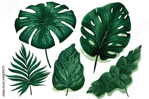 Set Dark Green Monster Leaves On White Background. Generative AI