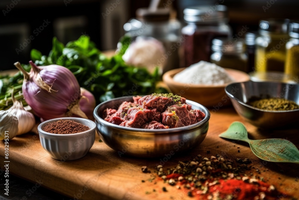 ground lamb with spices, herbs, and a bowl of mixed ingredients on a kitchen counter ground lamb with spices, herbs, and a bowl of mixed ingredients on a kitchen counter