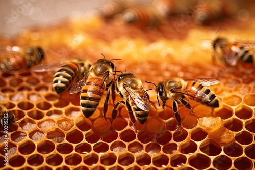 Honeybees working diligently inside their hive, meticulously crafting honeycomb cells filled with glistening. Worker bees. Generative ai © tong2530