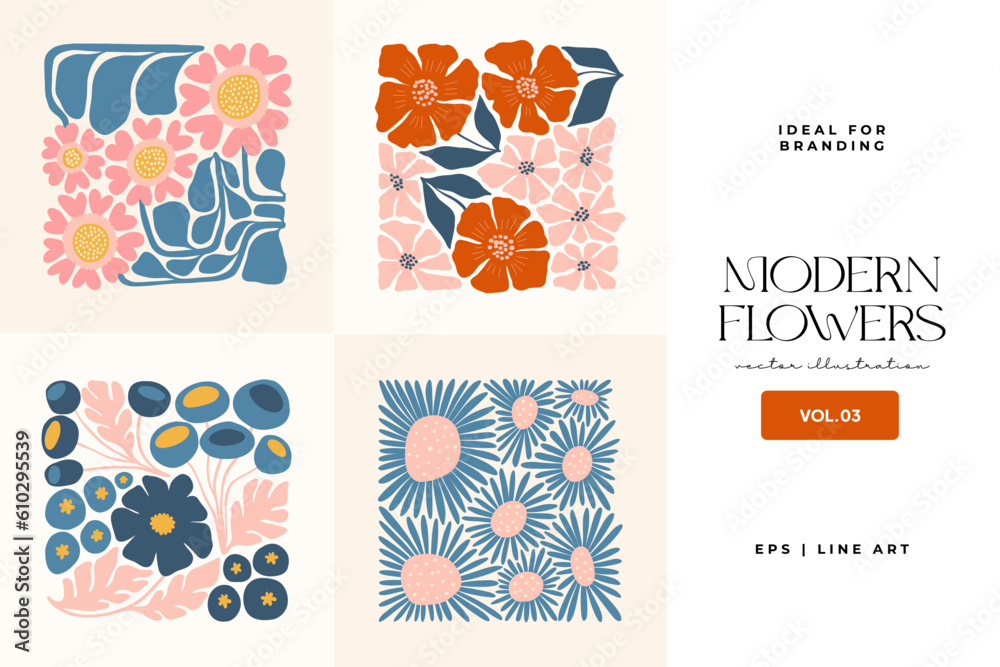 Floral abstract elements. Botanical composition. Modern trendy Matisse minimal style. Floral poster, invite. Vector arrangements for greeting card or invitation design