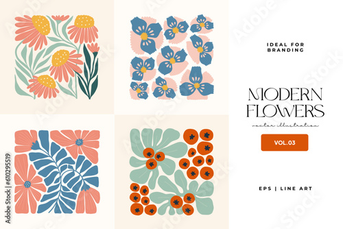Floral abstract elements. Botanical composition. Modern trendy Matisse minimal style. Floral poster, invite. Vector arrangements for greeting card or invitation design
