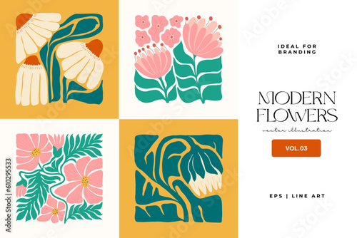 Floral abstract elements. Botanical composition. Modern trendy Matisse minimal style. Floral poster, invite. Vector arrangements for greeting card or invitation design