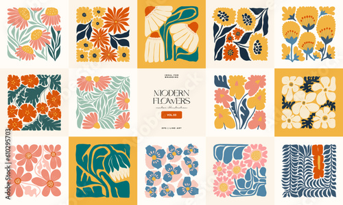 Floral abstract elements. Botanical composition. Modern trendy Matisse minimal style. Floral poster, invite. Vector arrangements for greeting card or invitation design