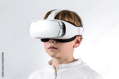 A teen boy wearing virtual reality glasses. White background isolated.