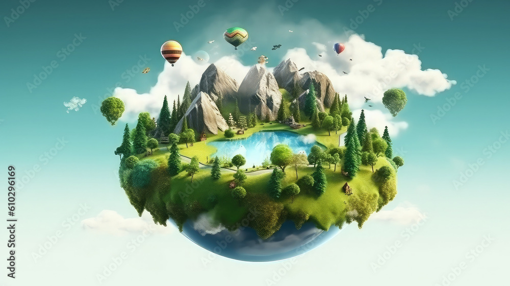 Floating island with lake and beautiful landscape. 3d illustration of flying land green forest with trees, mountains, animals, water isolated with clouds