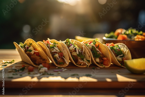 Image of tacos lined up on a wooden serving board served on the picnic.