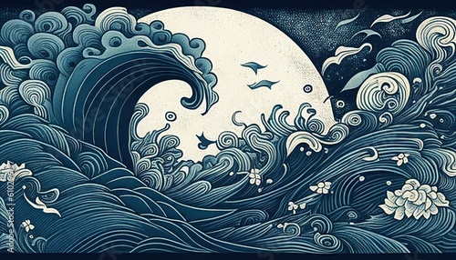Japanese traditional Ukiyoe blue and white stormy waves and moonlight Abstract, Elegant and Modern AI-generated illustration photo