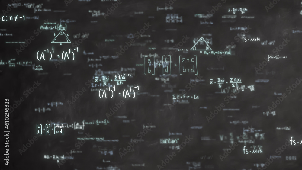Abstract Physics equation concept, Mathematics calculation, Sciences formula, arithmetic and handwritten geometry symbol, handwriting chalk study on black background, 3d rendering - obrazy, fototapety, plakaty 