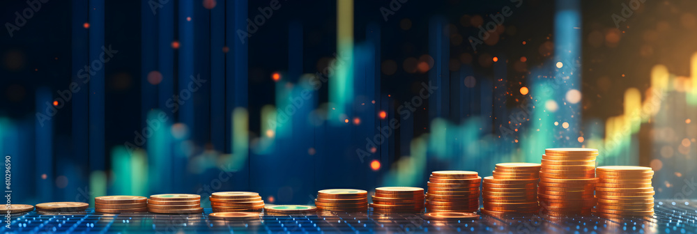 Market Growth and Success: 3D Coin Background with Technology and Currency Reports
