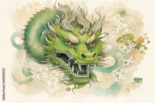 A watercolor print featuring an Asian inspired green dragon, adorned with intricate patterns and delicate brushstrokes