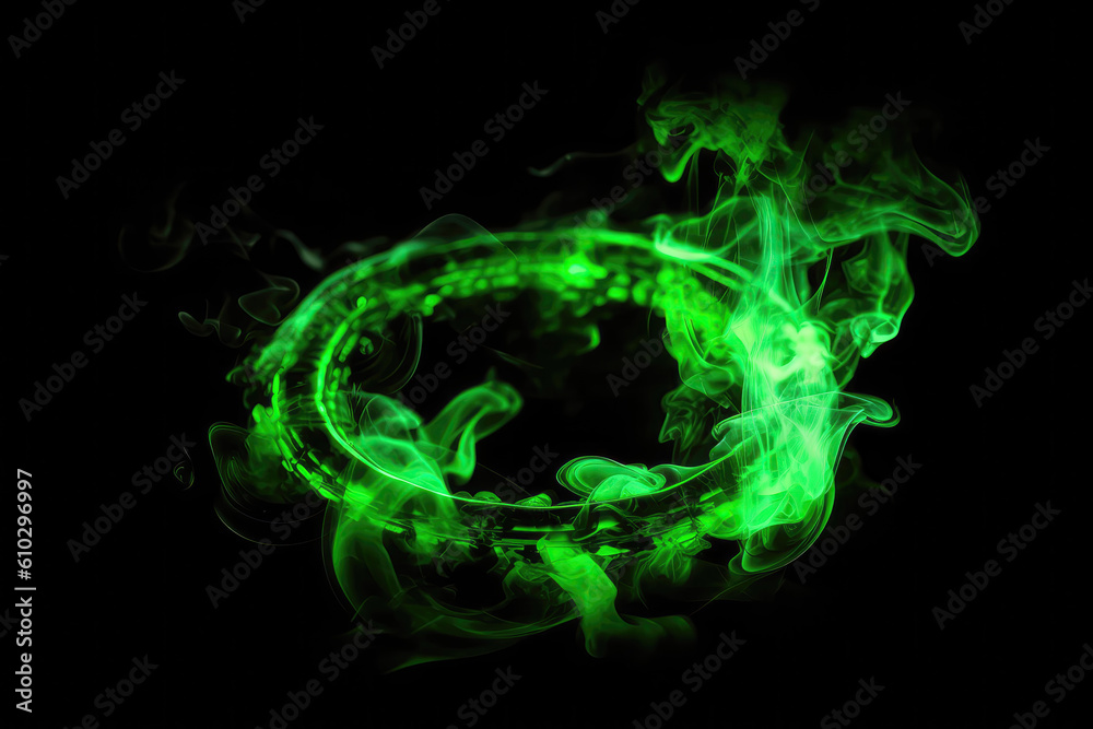 Circle Of Neon Green With Smoke On Bright Background. Generative AI