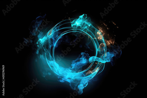 Circle Of Neon Electric Blue With Smoke On Bright Background. Generative AI