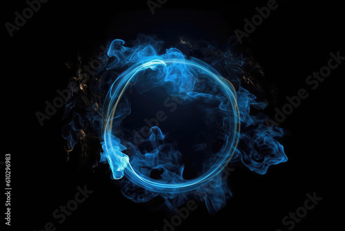 Circle Of Neon Electric Blue With Smoke On Dark Background. Generative AI