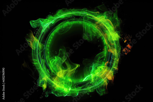 Circle Of Neon Lime With Smoke On Bright Background. Generative AI