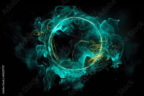 Circle Of Neon Teal With Smoke On Dark Background. Generative AI © Anastasiia