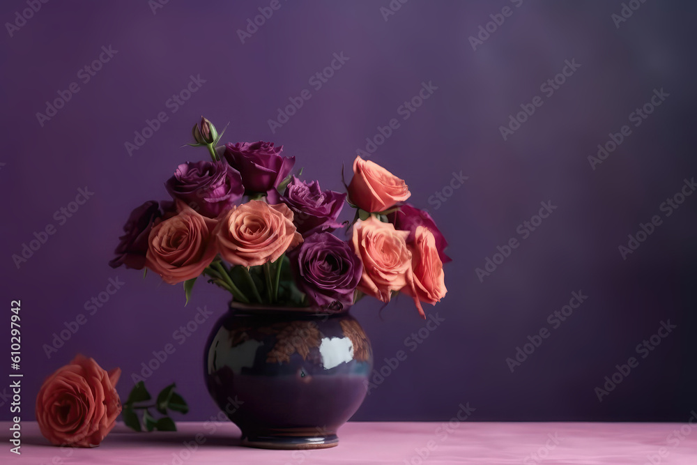 Flowers Roses In Vase On Purple Background Copy Space. Generative AI Flowers Roses In Vase On Purple Background Copy Space. Generative AI