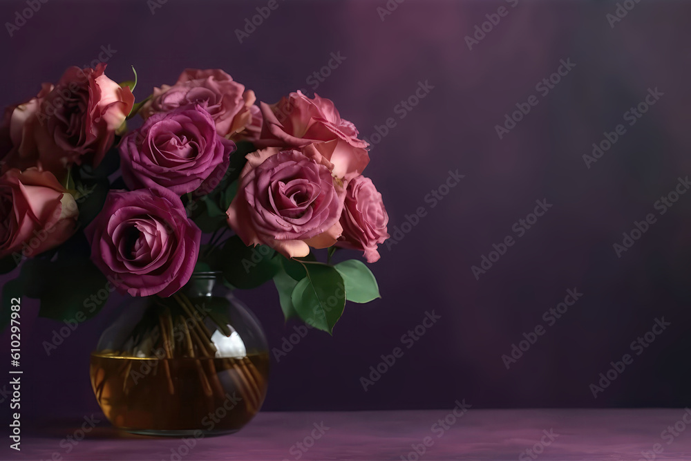 Fototapeta premium Flowers Roses In Vase On Purple Background Copy Space. Generative AI