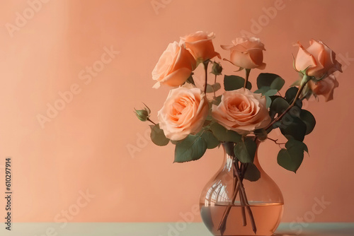 Flowers Roses In Vase On Blush Color Background Copy Space. Generative AI photo