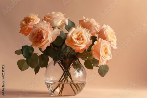 Flowers Roses In Vase On Light Peach Color Background. Generative AI